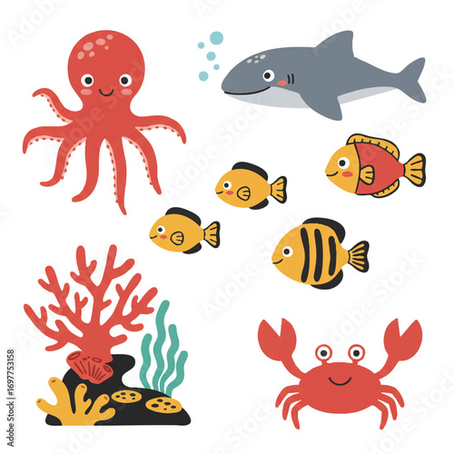 Friendly octopus, smiling fish, and playful crab are cute sea creatures gracefully swimming around colorful coral reefs in a vibrant 2D flat vector illustration.