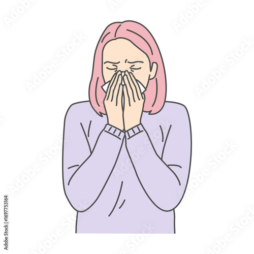 Illustration of a woman sneezing while covering her nose and mouth with a tissue