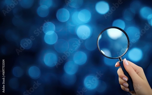 Hand holding magnifying glass against a bokeh background of blue