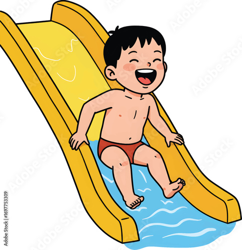 Happy boy sliding on a yellow waterslide with water, suitable for summerthemed designs, kids entertainment, water park promotions, and recreational activities.