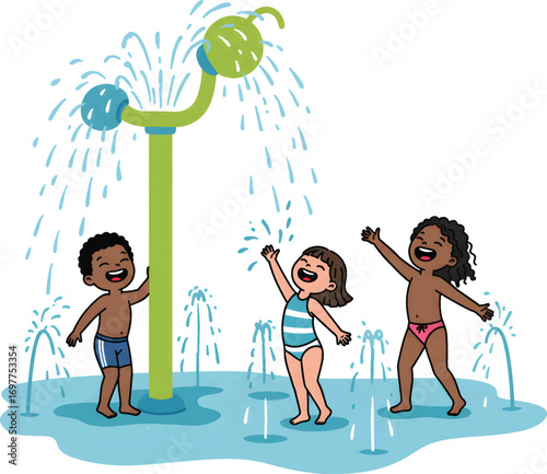 Kids enjoying a cartoon waterpark splash pad  perfect for family entertainment promotions, summer websites, and childcare materials.