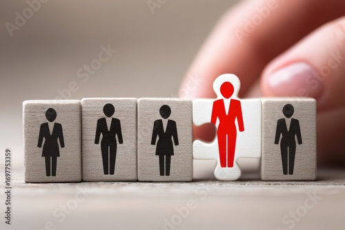 A hand places a red-suited figure puzzle piece among black-suited figures