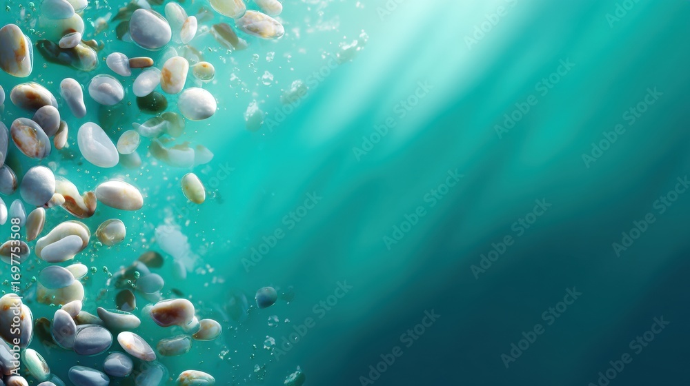 Fototapeta premium Glassy organic pebbles floating in turquoise water with sun caustics, teal gradient for commercial use, spacious banner background, luxury design