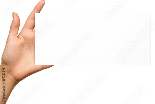 Hand holding a blank rectangular white card