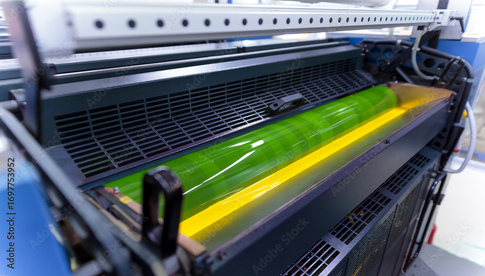 Obraz premium オフセット印刷機のインキ供給部のクローズアップ