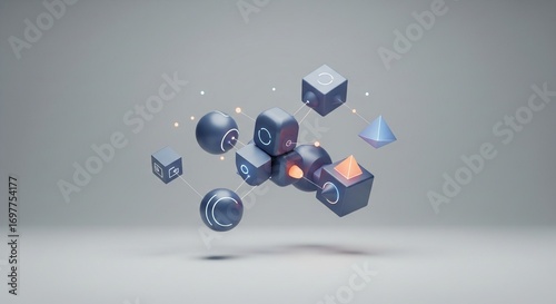 Abstract 3D Rendering Geometric Shapes, Spheres, Cubes, and Cones Interconnected in a Futuristic Composition.  Exploring Modern Design and Artistic Visualization Through Digital 3D Modeling