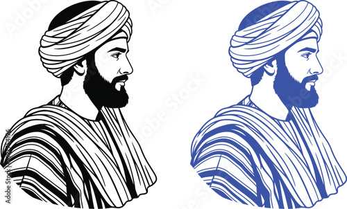 Profile portrait of a wise bearded man in a turban, presented in two color variations