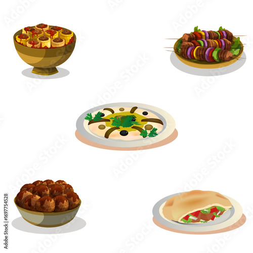 Collection of tasty dishes like kebab skewers, samosas, hummus bowl, and stuffed rolls