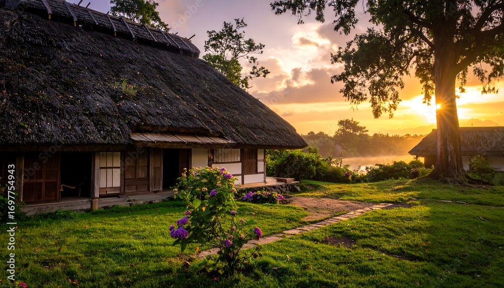 Fototapeta premium Sunrise over a traditional thatched-roof home