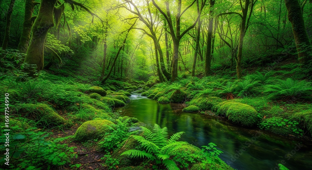 Obraz premium Enchanted Forest Stream A Serene Journey Through Lush Greenery, Mossy Rocks, and Sunlight Filtering Through Towering Trees, Creating a Peaceful Oasis for Nature Lovers to Discover Tranquility