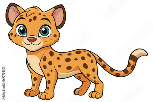 Cartoon Spotted Yellow Cheetah Cub Standing on White Background,