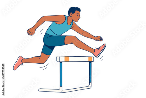 Male cartoon athlete jumping over hurdle in dynamic pose, flat graphic style, isolated on white background. Concept of sport and achievement. Ai generative