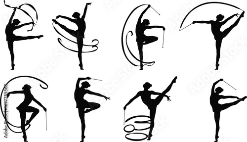 Rhythmic gymnastics silhouettes with ribbons and batons, female gymnasts performing artistic flexibility poses, elegance, dance, sport, athleticism, movement, grace