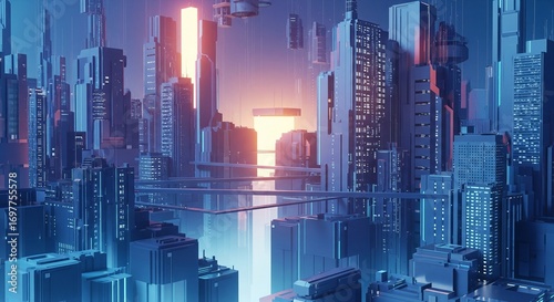 Futuristic Urban Landscape with a Glimmering Skyline A Vision of Technological Advancement and Architectural Grandeur in a Cityscape of Tomorrow, Awash in Cool Blue and Warm Orange Light