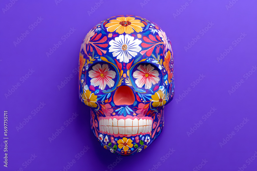 Naklejka premium Halloween mask representing a traditional mexican skll with colorful floral patern isolated on a bright urple background.