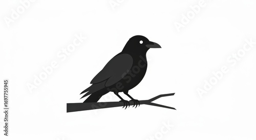 Vector Raven on Branch, Minimalist Bird Illustration