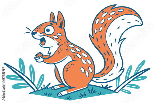 Cartoon Squirrel Illustration, Orange Fur, Holding Nut, White Background