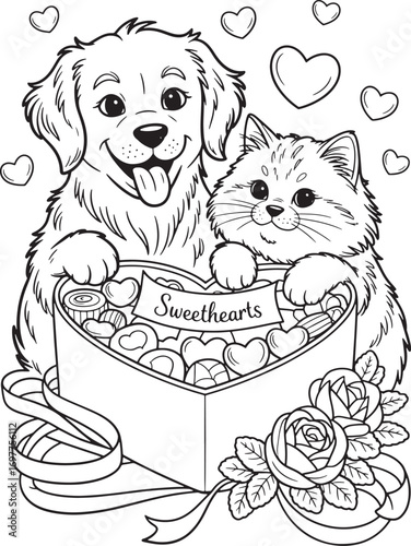 Smiling dog and a cat share a heart shaped chocolate box outline