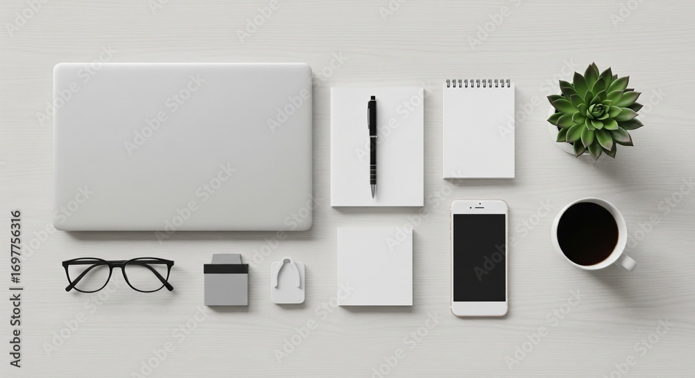 Modern Minimalist Workspace Flat Lay of Laptop, Smartphone, Stationery, and Coffee Modern Minimalist Workspace Flat Lay of Laptop, Smartphone, Stationery, and Coffee