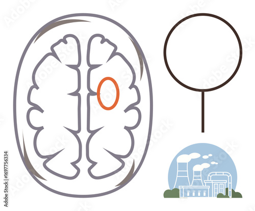 Brain scan with highlighted region, magnifier tool, and factory depiction connecting health and environment. Ideal for neuroscience, health risks, pollution, environmental science, research, anatomy