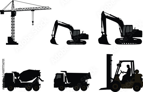 Construction vehicle silhouettes, tower crane, excavator, cement mixer, dump truck, forklift, industrial equipment, heavy machinery, black icons, vector illustration, clipart