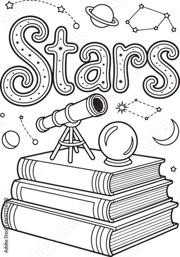 Stars word art sits above books telescope crystal ball and planet drawing