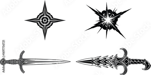 Collection of stylized graphic elements including a starburst, a compass rose, and two ornate daggers
