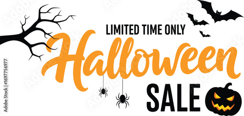 Spooky Halloween sale event with bats, spiders, and a carved pumpkin