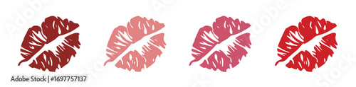 Set imprint kiss lips. Red, pink and brown silhouettes isolated on transparent background. Realistic vector beautiful kiss.