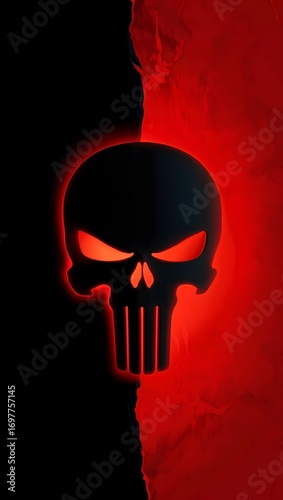 Intense punisher skull graphic with glowing red eyes dark and red backdrop