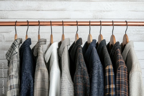 A collection of stylish jackets neatly hung on a copper rod against a textured wall, showcasing a variety of patterns and colors.