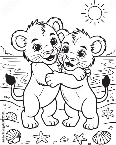 Two cartoon lion cubs hug on a beach with starfishes, shells