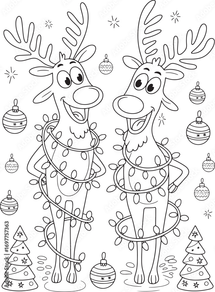 Obraz premium Two cartoon reindeer are wrapped in string lights with a transparent background