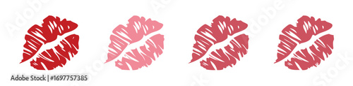 Set imprint kiss lips. Red, pink and brown silhouettes isolated on transparent background. Realistic vector beautiful kiss.