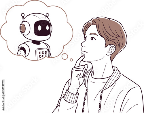 Young man thoughtfully considering artificial intelligence represented by a robot in a thought bubble