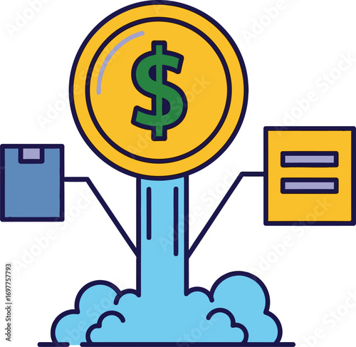 Financial growth represented by a dollar coin launching upwards from blue smoke, connecting to business elements.