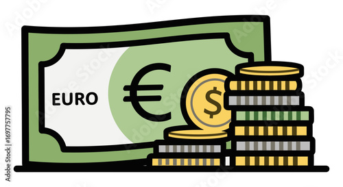 Illustration of euro banknote and stacks of coins representing financial currency and economic wealth with symbols of money and value