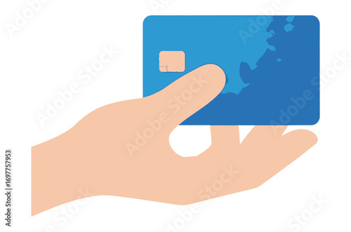 A human hand is holding a blue credit card with a chip and a world map design symbolizing global financial transactions and payment