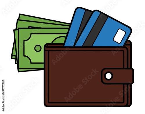 Open brown leather wallet stuffed with green paper money and blue credit cards ready for transaction