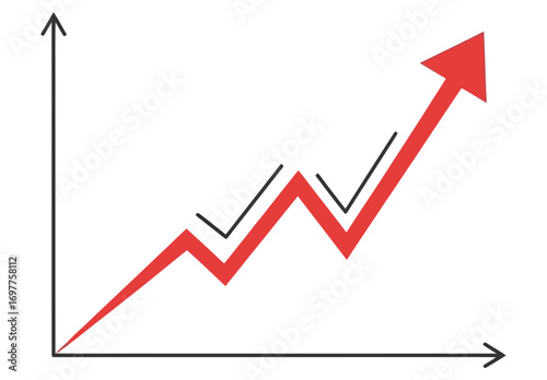 A rising red arrow graph shows upward trending progress profit increasing success and business growth over time