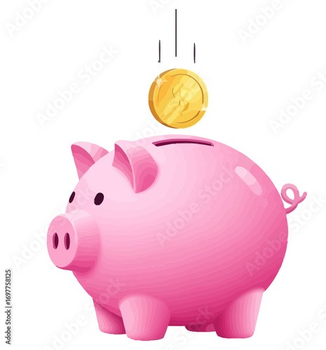 A cheerful pink piggy bank with a golden coin dropping in ready for savings and future financial security building wealth