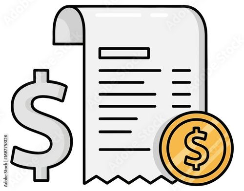 Invoice with dollar sign and coin representing financial transaction bill payment cost receipt money income expense accounting