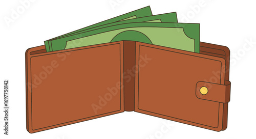 Open brown leather wallet filled with green paper money displaying cash savings for financial security and personal wealth building opportunities