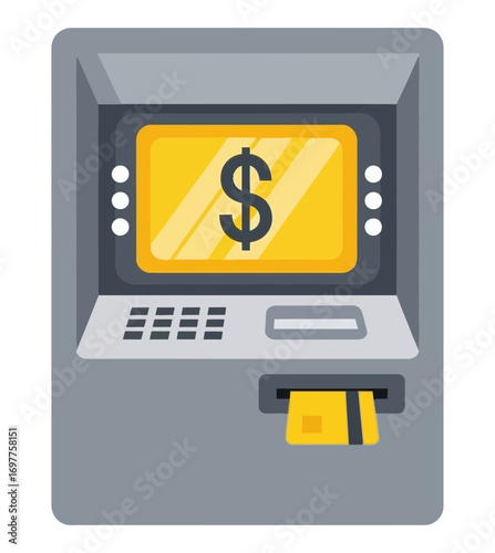 Automatic teller machine displaying a dollar sign on its screen with a credit card inserted ready for transaction withdrawal cash