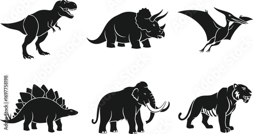 Prehistoric animal silhouettes, dinosaur vector icons, extinct species illustration, black cartoon shapes of mammoth, saber-toothed cat, pteranodon, triceratops, stegosaurus