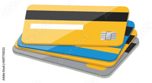 A stack of plastic credit cards with chip and magnetic stripe signifying financial transactions and payments for purchases