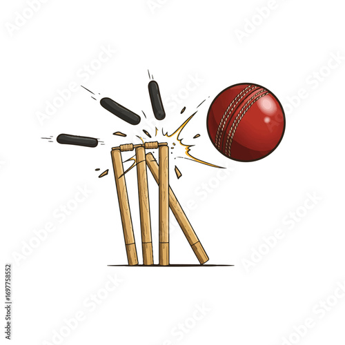 Red cricket ball intensely hitting wooden stumps, dislodging bails in a realistic 2D vector illustration on a clean white background, capturing a dynamic moment of impact.