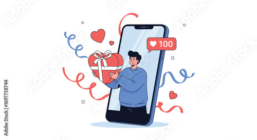 Man giving gift from smartphone social media celebration engagement