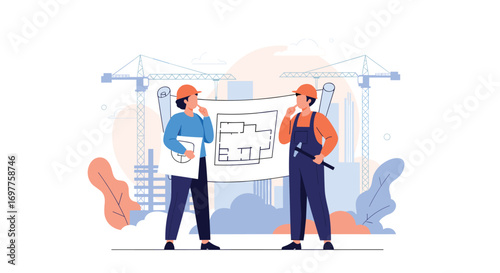 Construction workers discussing building plans beneath cranes and structures