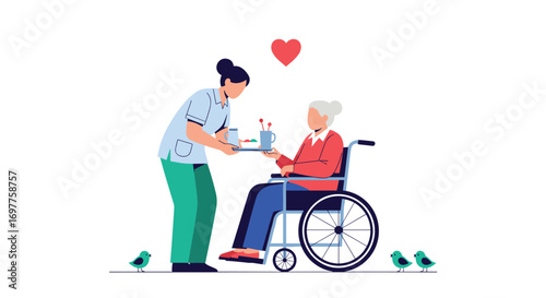 Dedicated professional caring for elderly individual in wheelchair with compassion and kindness